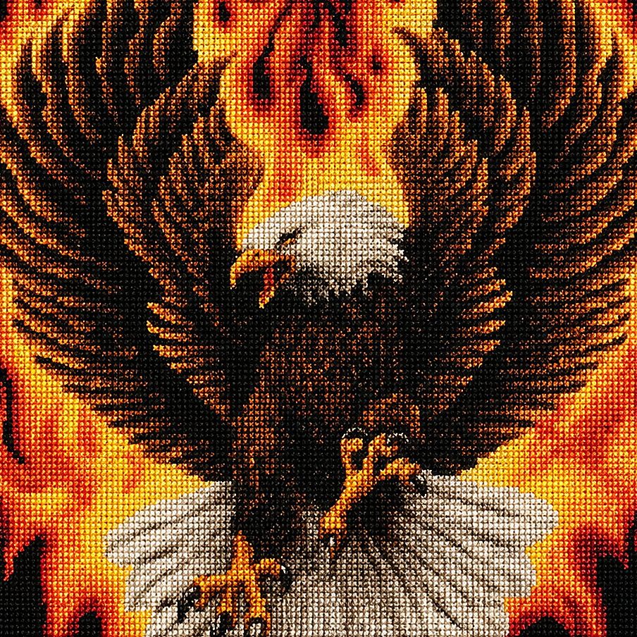 Flaming Eagle cross stitch on black material