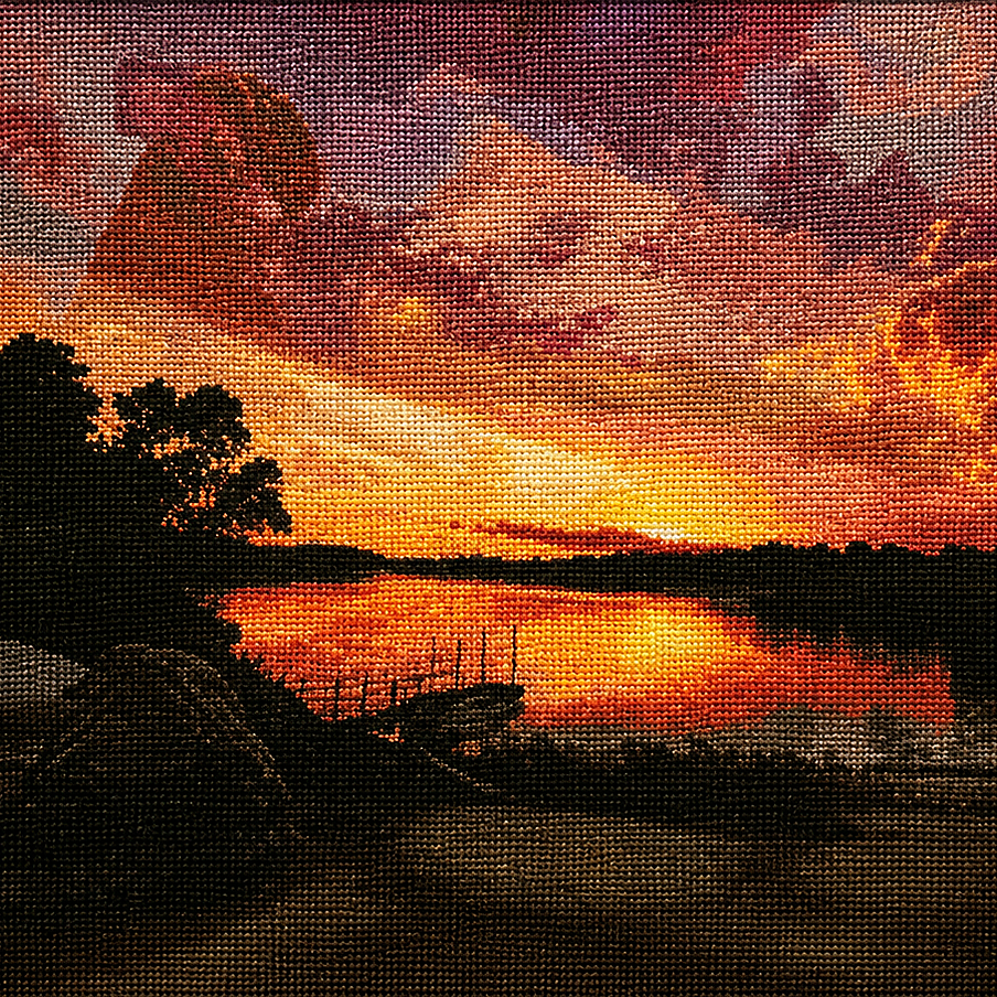 Rustic Sunset cross stitch framed with reclaimed wood