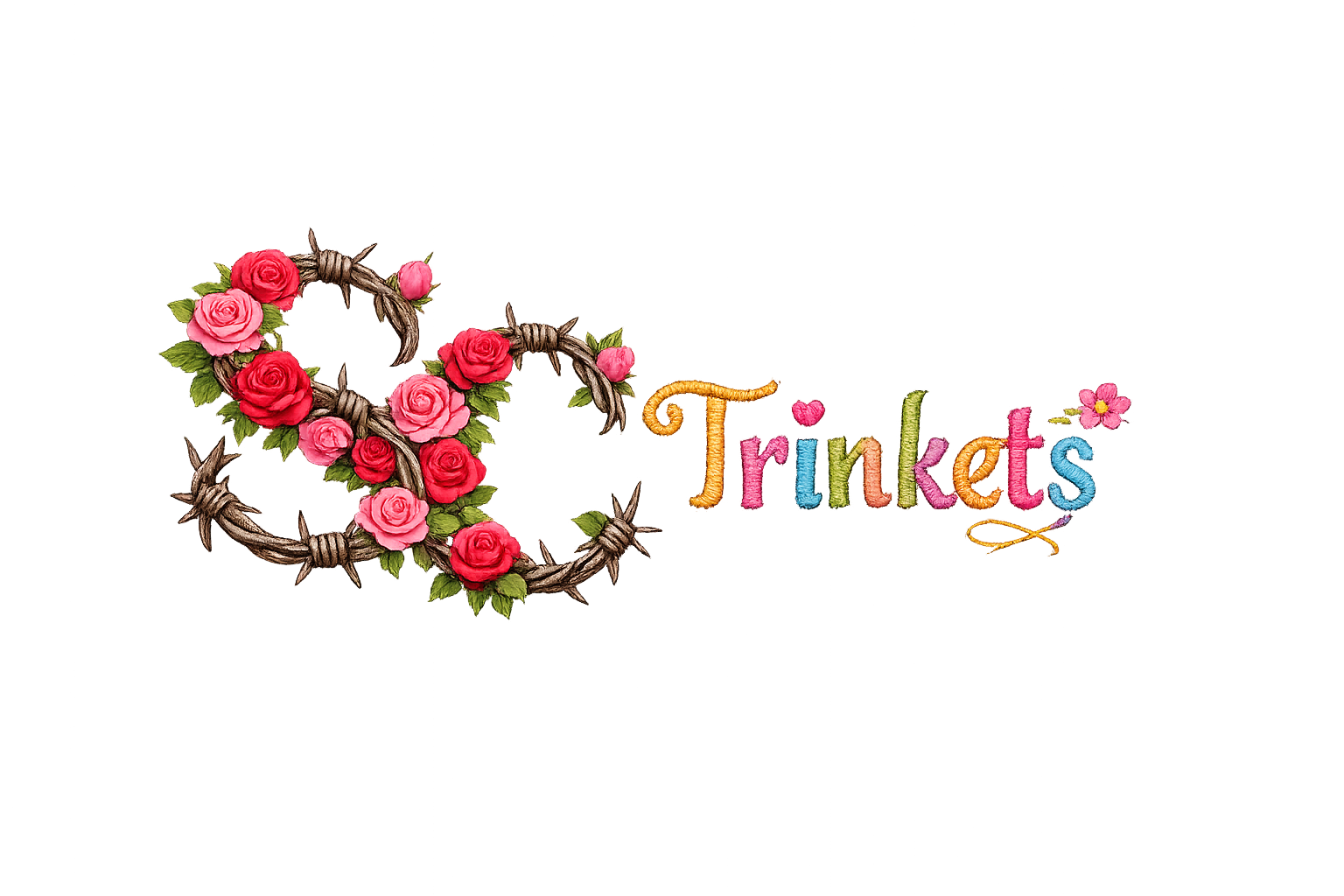 SC Trinkets logo, an ampersand made of roses and barbed vine beside hand-stitched lettering